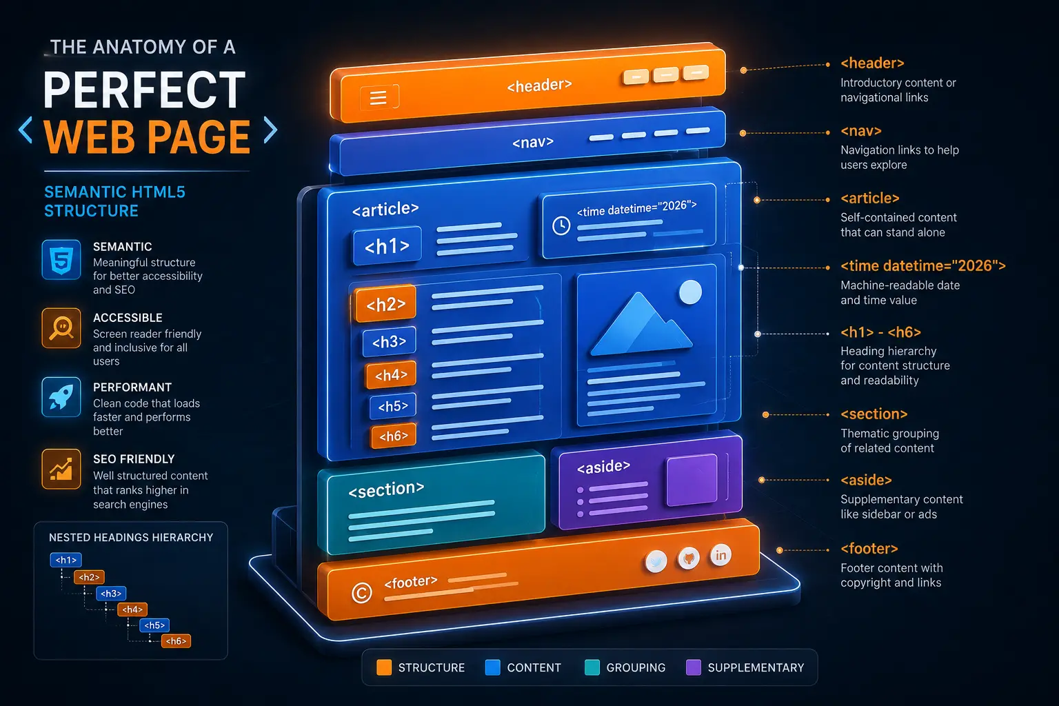 Infographic-style visualization of HTML5 document structure and time formatting