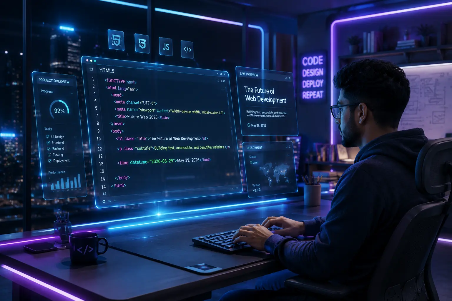 Futuristic 2026 web development workspace showing HTML code on glowing screens